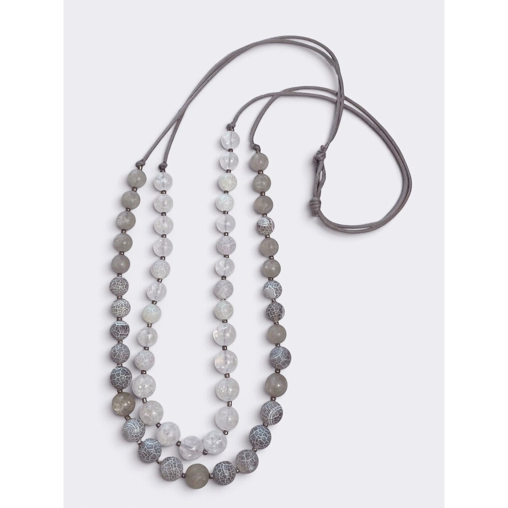 Long Gray Crackle Bead Necklace Layered Round Frosted Glass Adjustable Cord